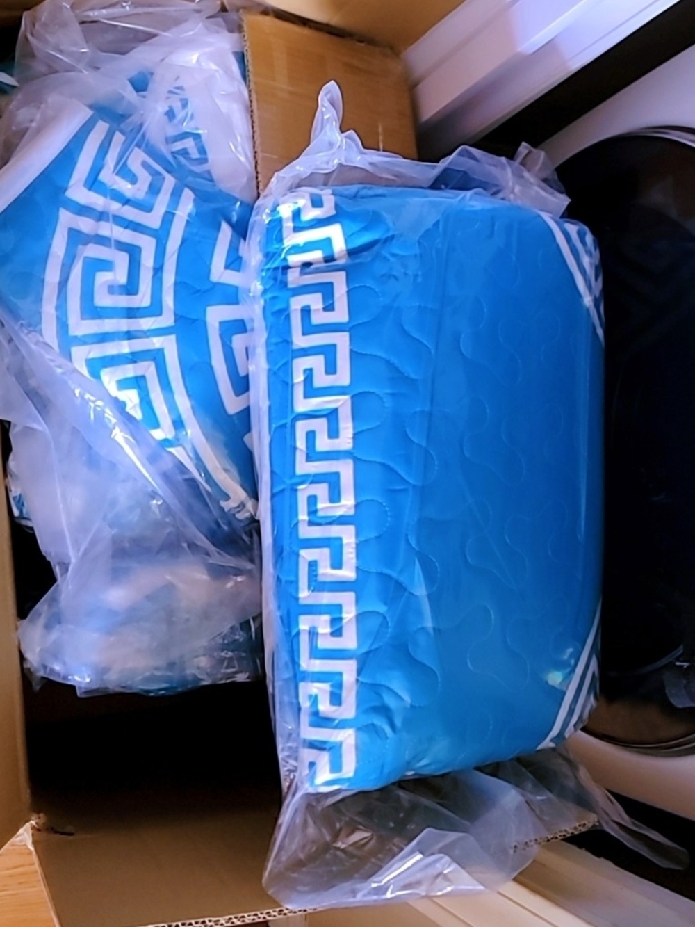Home Accents Bright Blue Throw Pillow with White Greek Key Border